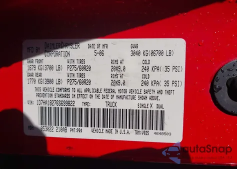 2006 Dodge Ram 1500 Slt from USA, damaged, VIN 1D7HA18276S699822